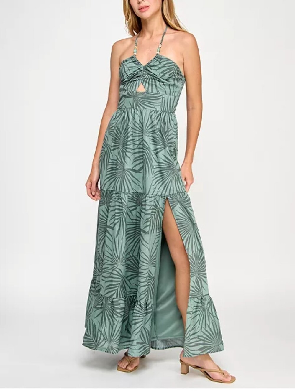 Trixxi Los Angeles Green Halter Maxi Dress Leaf Print Boho Flowy Size XXS Tiered